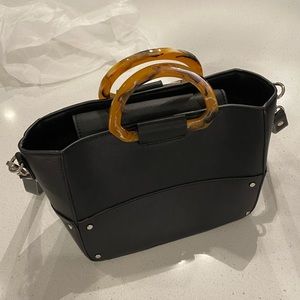 Zara Black Leather Bag with Tortoise Handles NWT